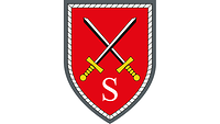 Auf Rot kreuzen sich zwei schwarz-silberne Schwerter mit goldenem Griff, darunter ein S für Schule.