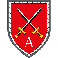 Two crossed swords are set on a red field; centred underneath, a white letter A stands for Ausbildung, or training.