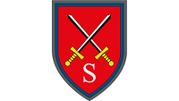 Auf Rot kreuzen sich zwei silberne Schwerter mit goldenen Griffen, unten ein silbernes S für Schule.