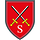 Wappen der Schule gepanzerte Kampftruppen Auf Rot kreuzen sich zwei silberne Schwerter mit goldenen Griffen, darunter ein S für Schule.