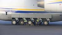 Zwei Männer schieben Keile unter die Räder eines Flugzeuges.