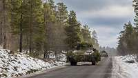 Schützenpanzer fahren hintereinander auf einer Straße durch bewaldetes, leicht verschneites Gebiet.