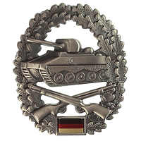 Ovales Zeichen, in der Mitte ein Panzer, darunter zwei gekreuzte Gewehre, umgeben von Eichenlaub